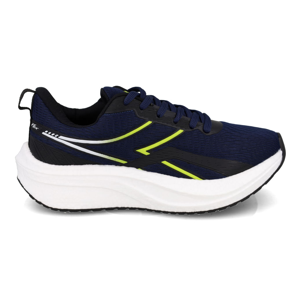 Tênis de corrida masculino azul marinho com detalhes em neon verde e branco, solado branco e preto com relevos, fechamento por cadarço